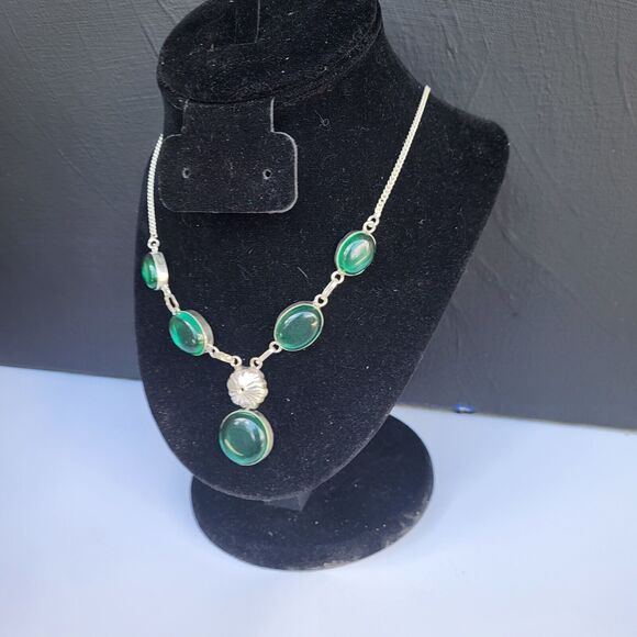 Sterling Silver Dainty Y-Drop Teal Green Bezel Set Necklace 925 stamped - 19" - Picture 3 of 6